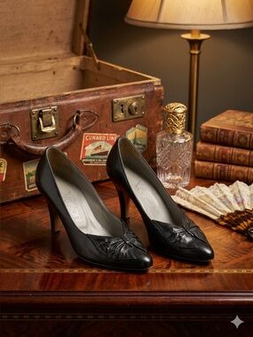 Vintage Versani Black Pointed-Toe Leather Heels with Decorative Knot